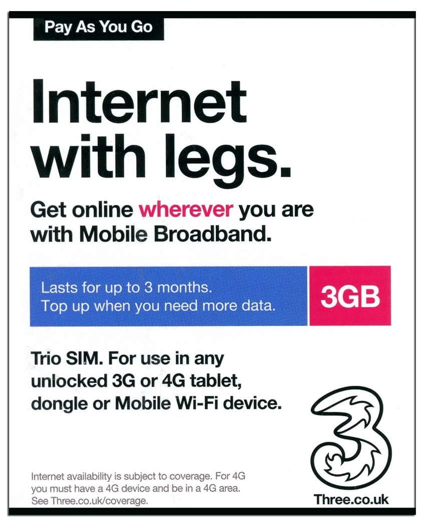 Love2surf Three UK PAYG Trio Data SIM Card Mobile Broadband -3GB + International Calling Option - (RETAIL PACK)