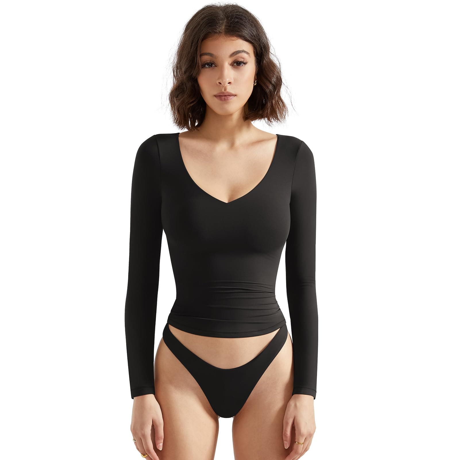 Women Double Lined Casual V Neck Crop Tank Tops Basic Long Sleeve Shirts