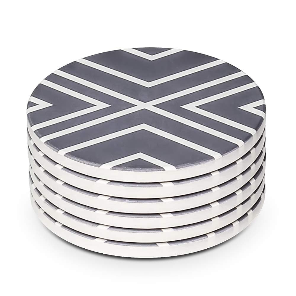LIFVER Coasters for Drinks, Absorbent Coaster Set of 6, Ceramic Drink Coasters for Cold Drinks Wine Glasses Cups Mugs, White-line