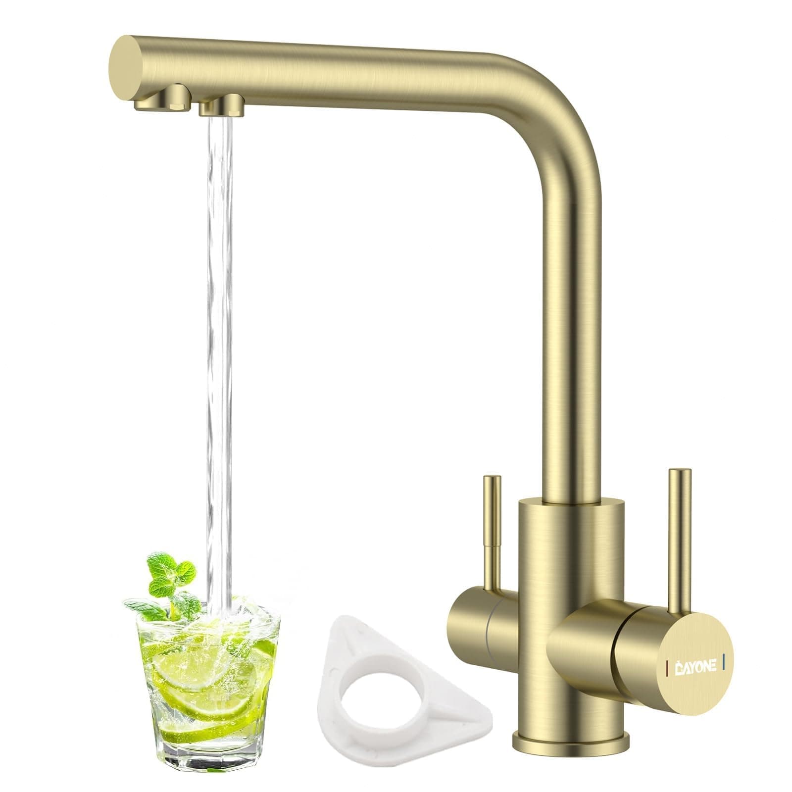 DAYONE Brushed Gold 3 Way Water Filter Tap, Triflow Drinking Water Tap, SUS304 Stainless Steel 360 Swivel Sink Mixer Tap, Dual Lever 3 in 1 Kitchen Sink Mixer, UK G1/2'' Kitchen Faucet