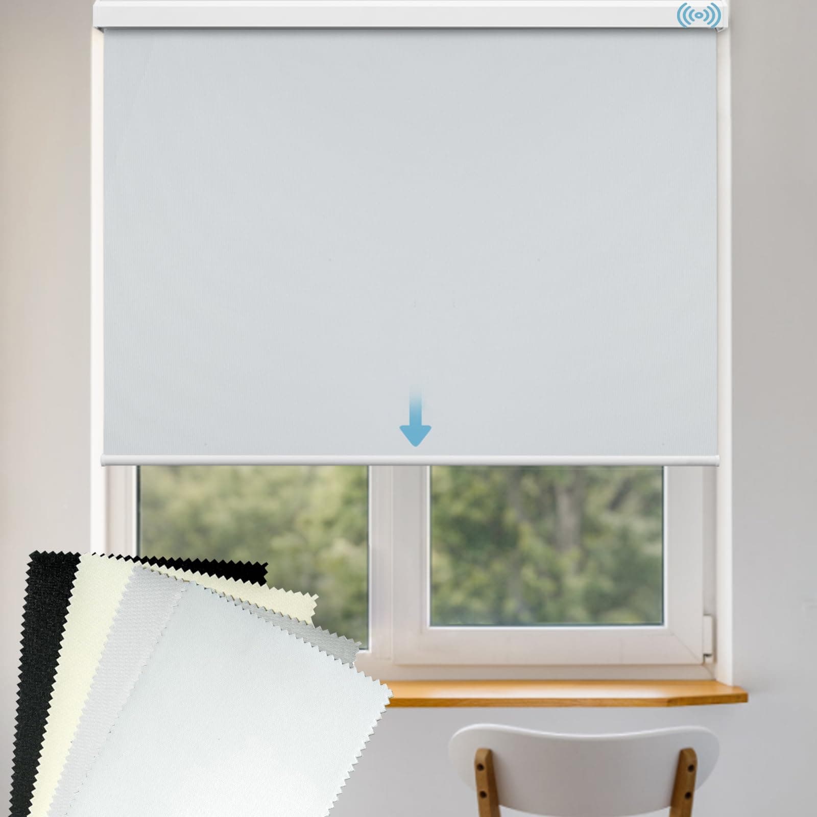 Fabric Swatches 100% Blackout Motorized Roller Shade with Valence Smart Blind (White, Light Grey, Beige)