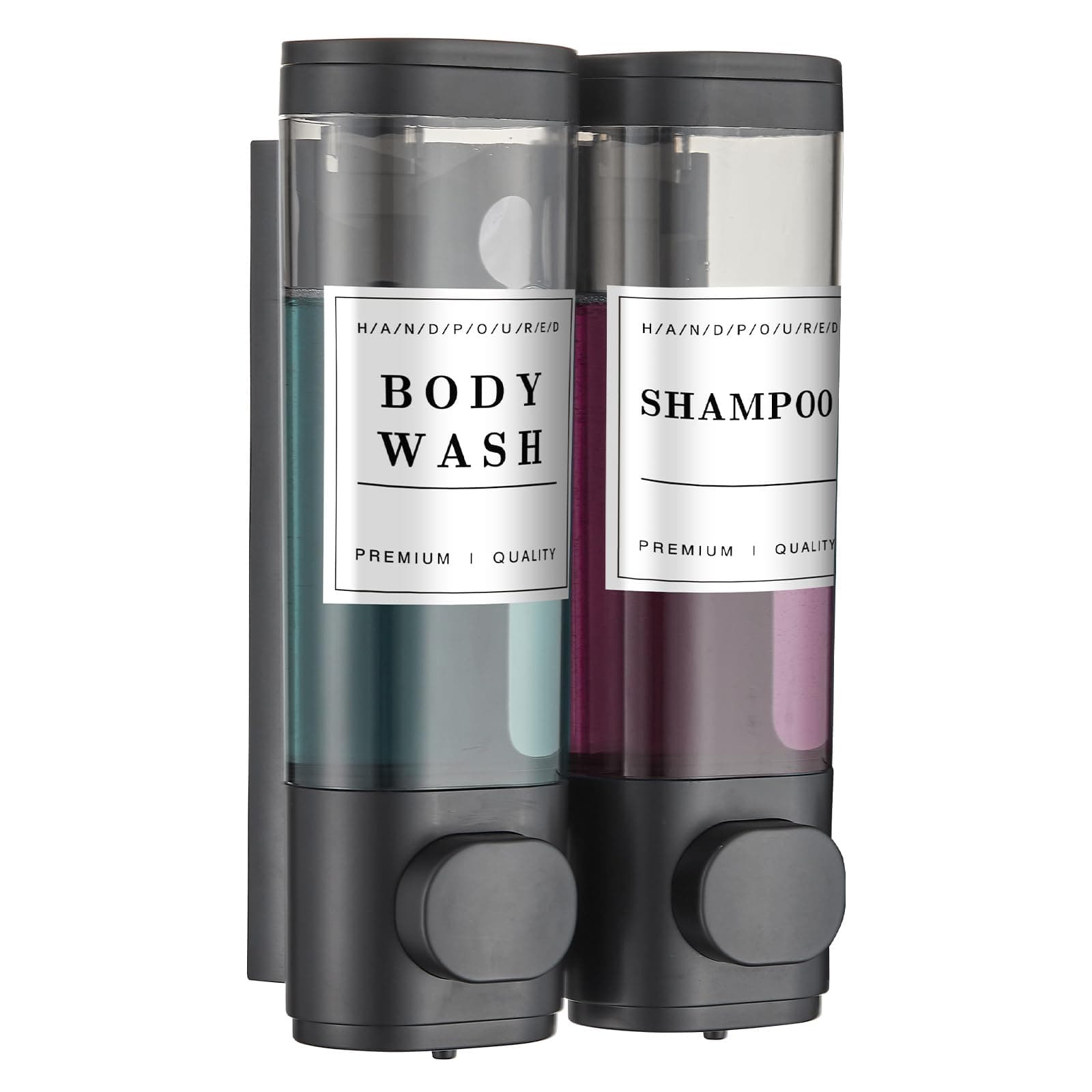 Shampoo and Conditioner Dispenser Bathroom Shower Soap Dispenser Wall Mounted Shampoo Dispenser for Shower Wall No Drill 2 * 300ml Black 2 Chamber with Waterproof Labels