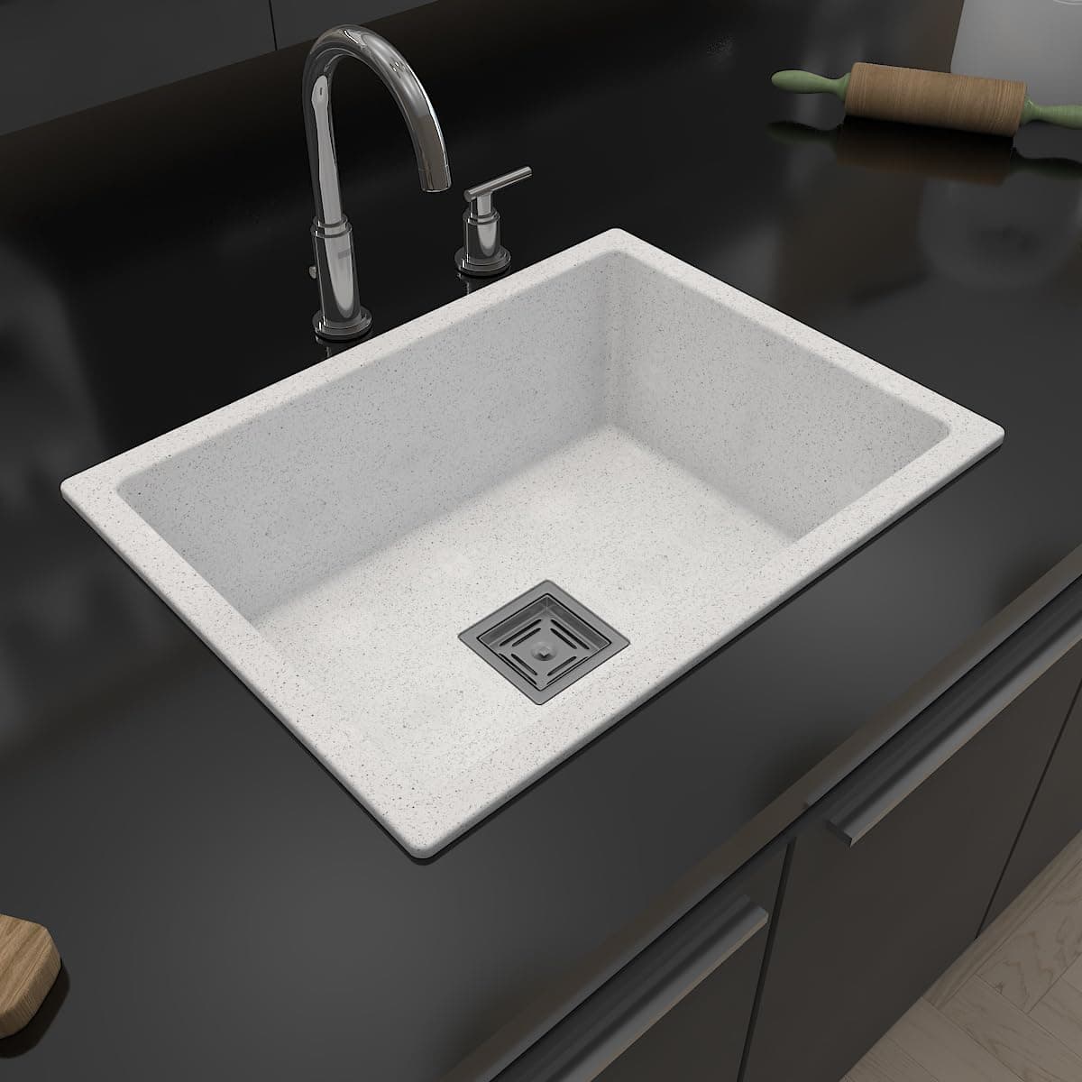 Hardstone Quartz Sink For Kitchen 16x18x8.5 IN – Rustic White Granite Kitchen Sink With Waste coupling & PVC Pipe | Smooth Finish, UV Protected, Top & Under Mount Sink | Sink With 10 Year Warranty