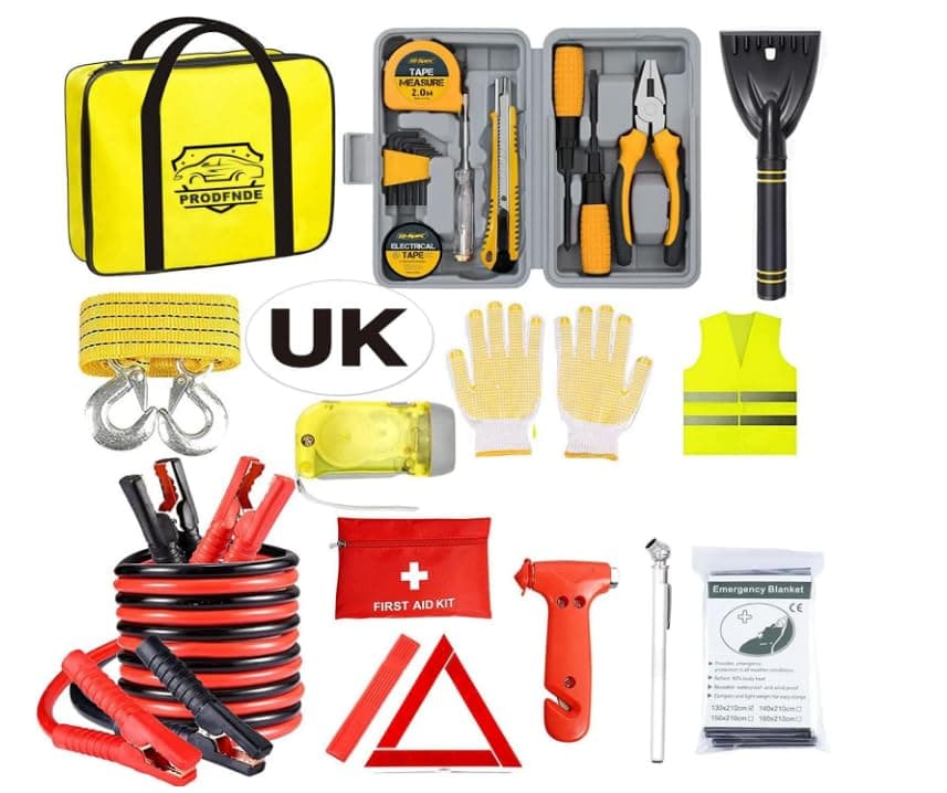 Car Emergency Kit, Roadside Assistance Emergency Kit, Car Breakdown Tool Set with Jumper Cables, Warning Triangle, Visibility Vest, Flashlight etc, Ideal Accessory for Truck, SUV