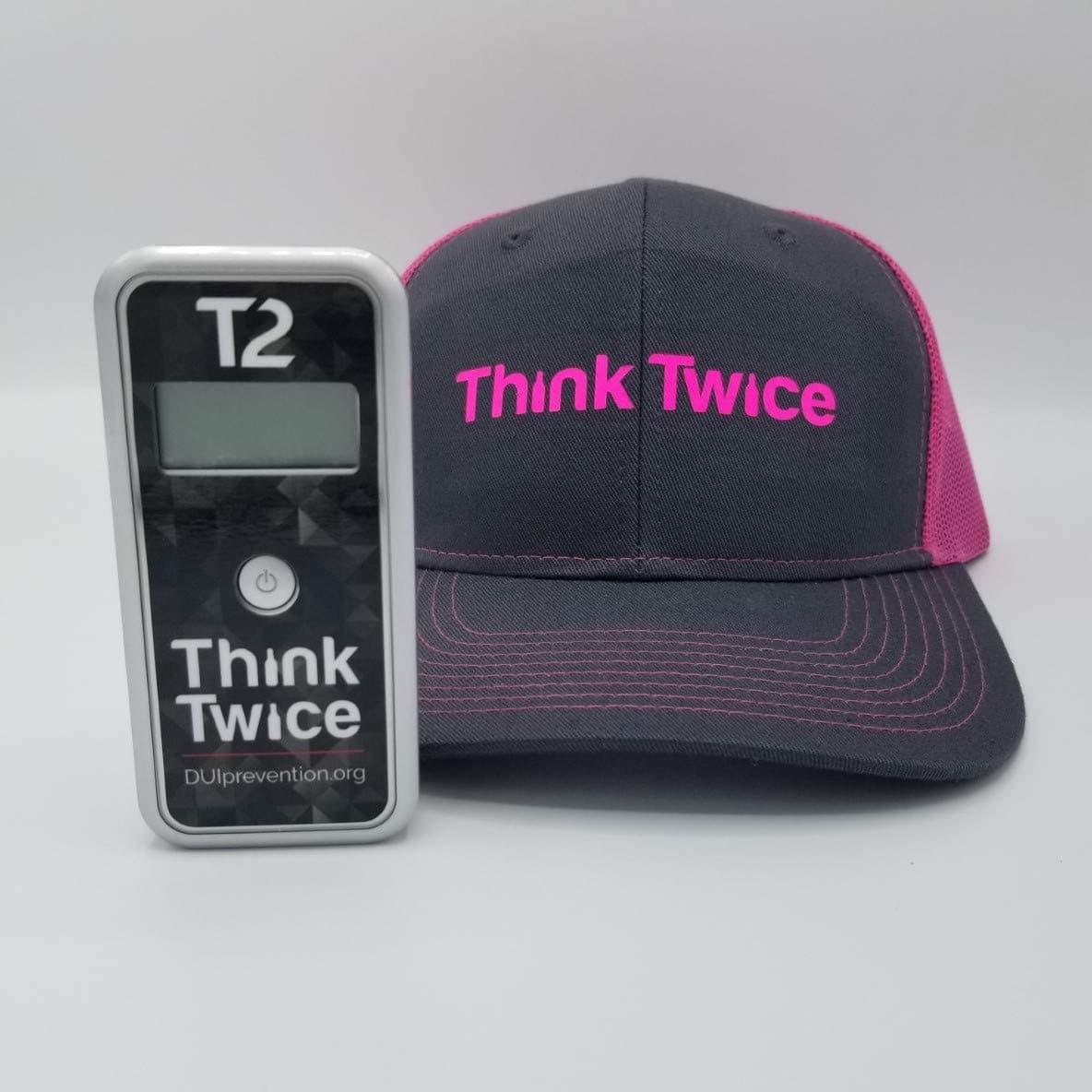 AlcoMate Premium AL7000 Professional Digital Breathalyzer - No Calibration Required - Bundle with Think Twice Trucker Cap - Pink/Grey Steel