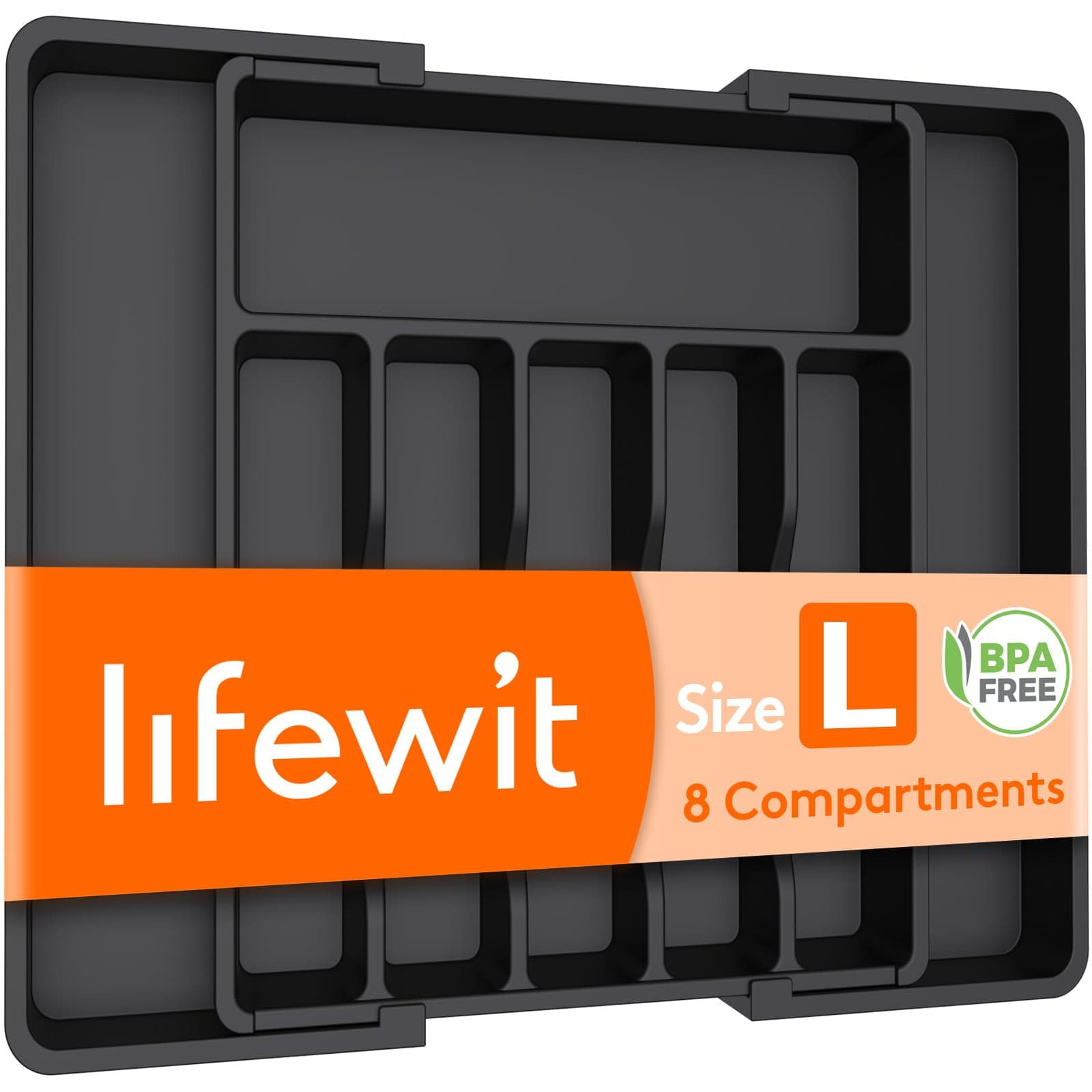 Lifewit Extendable Cutlery Drawer Organiser, Adjustable Cutlery Tray, Plastic Adjustable Kitchen Storage Dividers for Utensil Spoons Forks Knives, 8 Compartments, 33-57 x 38cm, Black