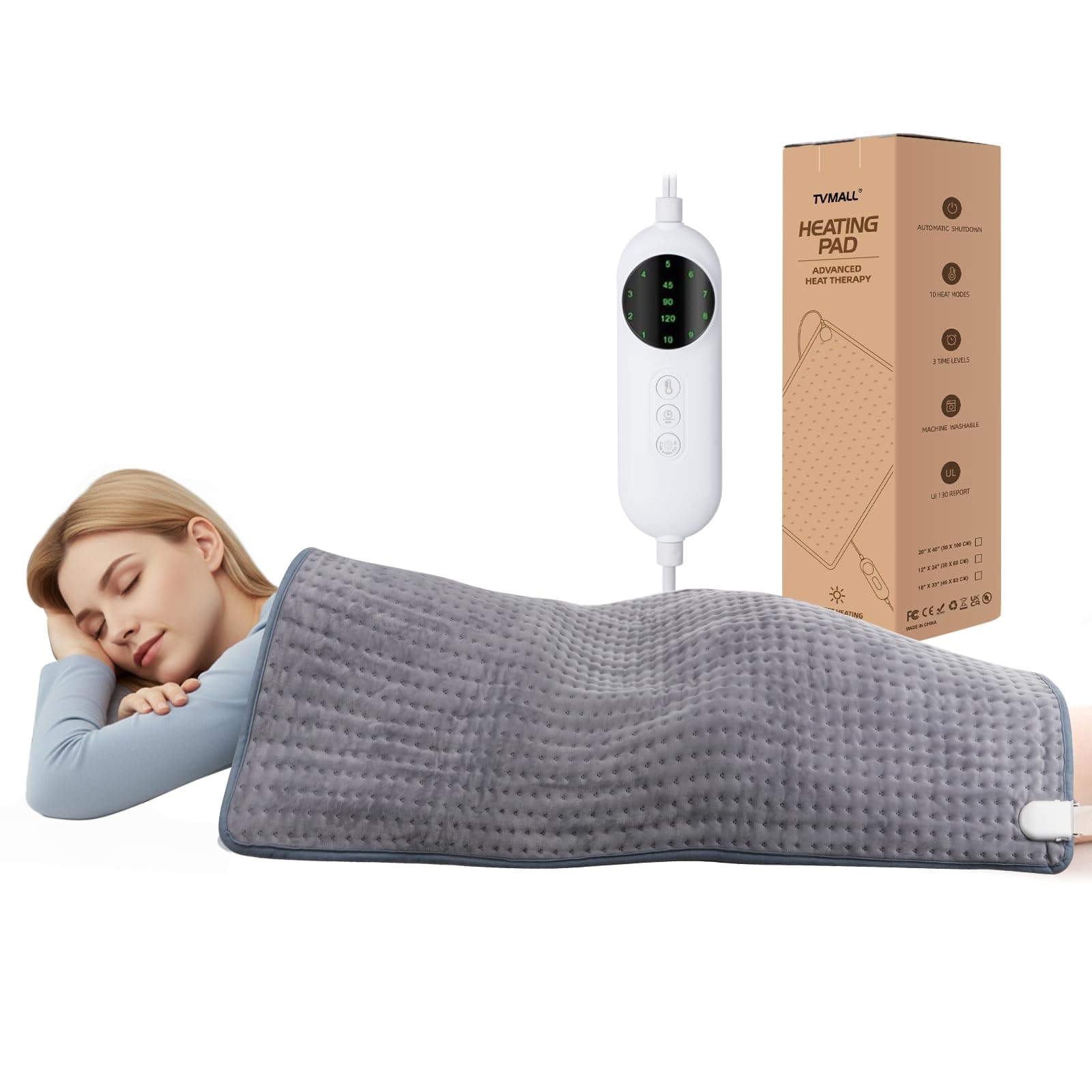 Heating Pad Electric, 50×100cm Electric Heat Pad for Back Pain Relief, Moist/Dry Heat, 10 Heat Settings, Auto Shut‑Off,Heating Pad for Back, Neck, Shoulder, Belly – Machine Washable (40"x20"Grey)