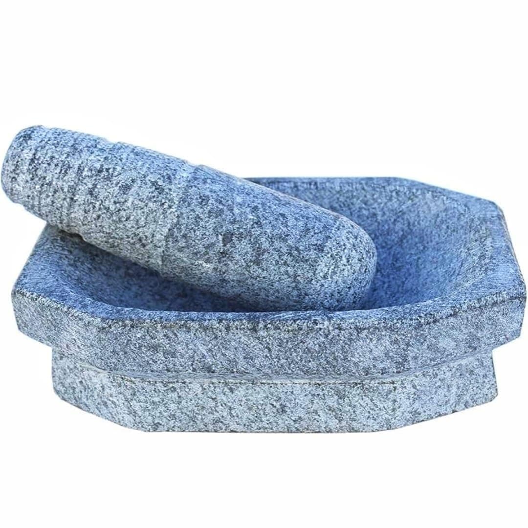 Kalvam Stone Mortar Pestle for Kitchen (8 inch), Grinder for Kitchen, Silbatta for Chutney, Ginger Garlic Crusher, Spice Grinding Khalbatta Stone - Grey