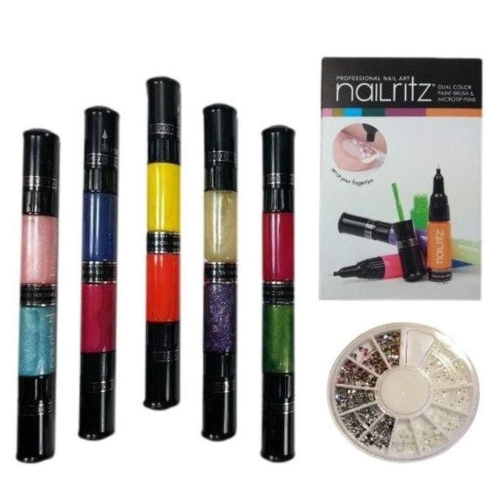 Nail Ritz Professional Nail Art Pens Princess Kit | Includes: 10 Colors PLUS Several Colors of Nail Art Rhinestone Glitter Gems