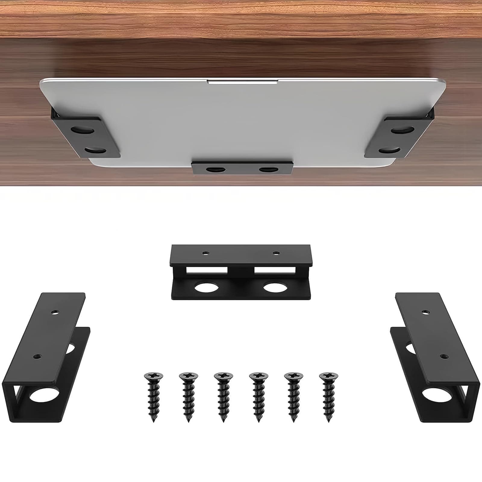 MOETYANG Under Desk Laptop Mount, Under Table Holder Storage for Laptop, Tablet, Keyboard, Mac Mini, MacBook, Organizer Rack Storage Shelf, Easy to Install with Screws or Adhesive Tape, Black