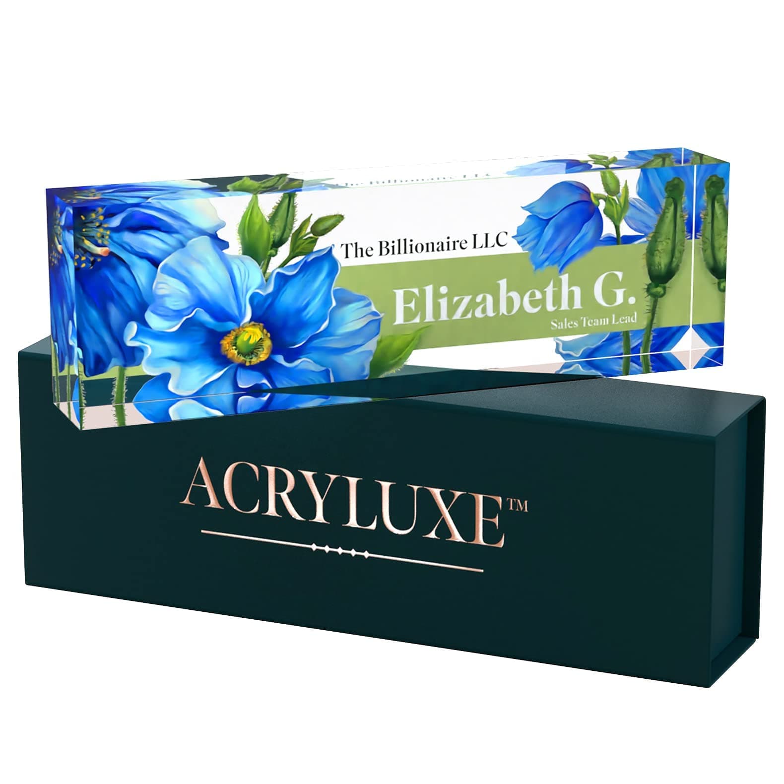Desk Name Plate Personalized, Custom Name Plates for Desk, 2½/x8 Inches, Thick Crystal-Clear Acrylic, Gift Box, Office Desk Decor. USA Made by ACRYLUXE (Meconopsis)