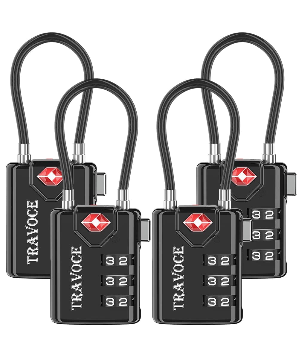 TRAVOCE TSA Approved Luggage Locks - Heavy Duty 3 Digit Combination Cable Lock, Search Alert for Suitcases, Backpacks, Golf Bags, Tents, Violin and Camera Cases, 4 Pack, Black