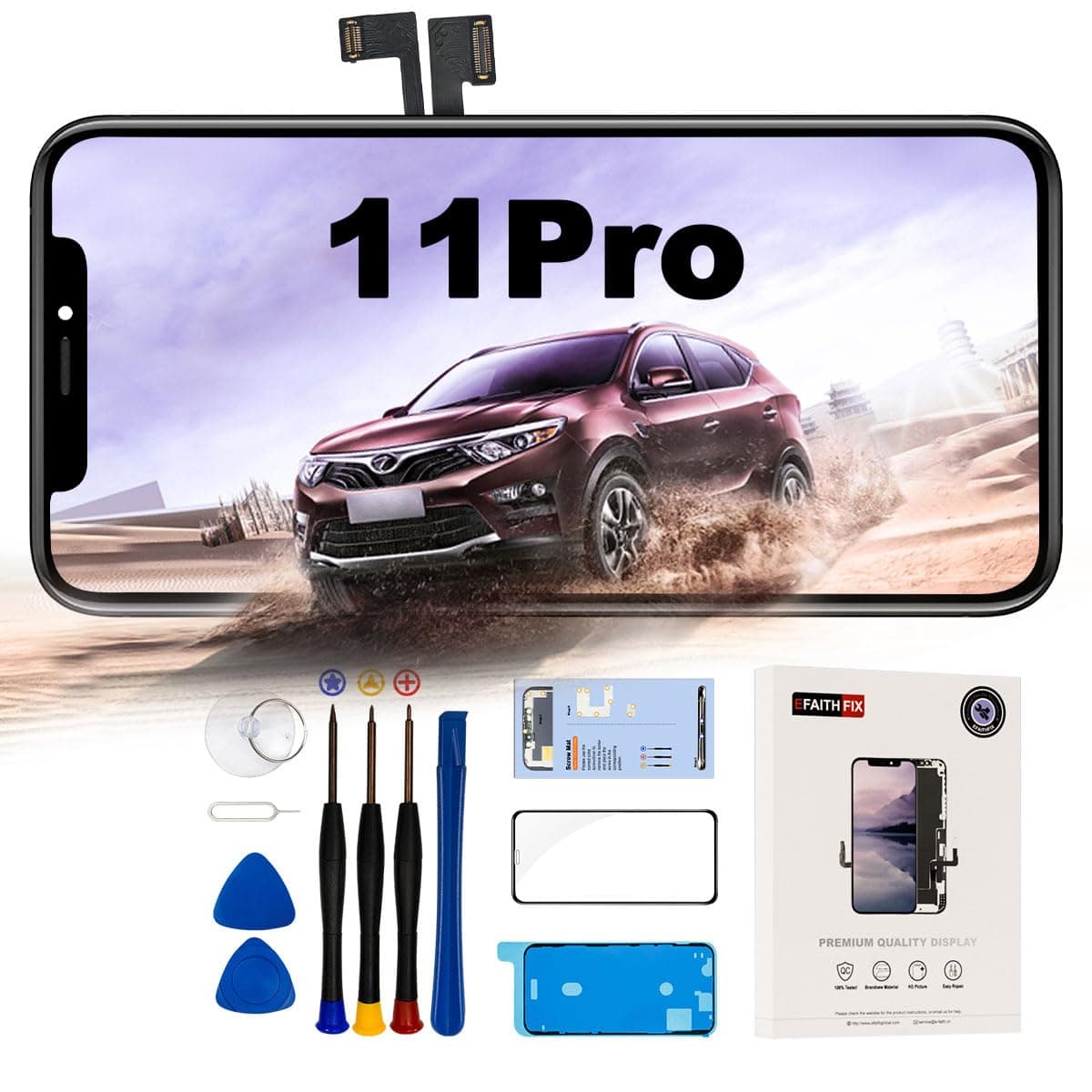 EFAITHFIX for iPhone 11 Pro LCD Screen Replacement 5.8 Inch Display 3D Touch Screen Assembly Digitizer with Repair Tools Kit Tempered Glass Protector Waterproof Adhesive for Model A2160, A2217, A2215