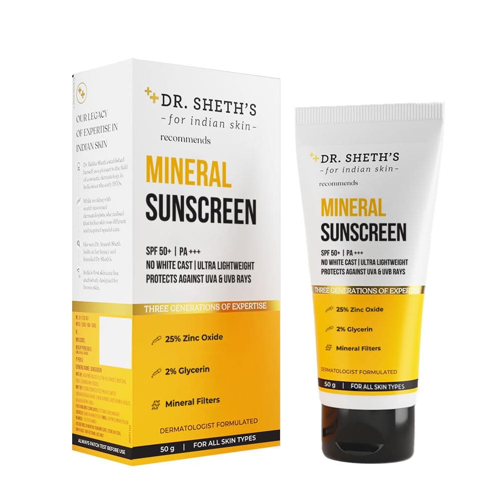 Dr. Sheth's Mineral Sunscreen SPF 50 PA+++ | Water Proof Sunscreen | No White Cast | Quick-absorbing | Ultra Lightweight & Non-sticky | 25% Zinc Oxide | for All Skin Types | for Women & Men | 50g