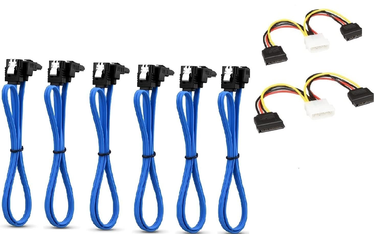 Sata Cable Sata Cable TXLOVE 18 Inch SATA III 6.0 Gbps Data Cable with Locking Latch + 2 Pack 6-Inch/15CM 4pin to 15pin SATA Power Splitter Cable (Blu 6Pack Sata Cable+2Pcs SATA Power Splitter Cable)