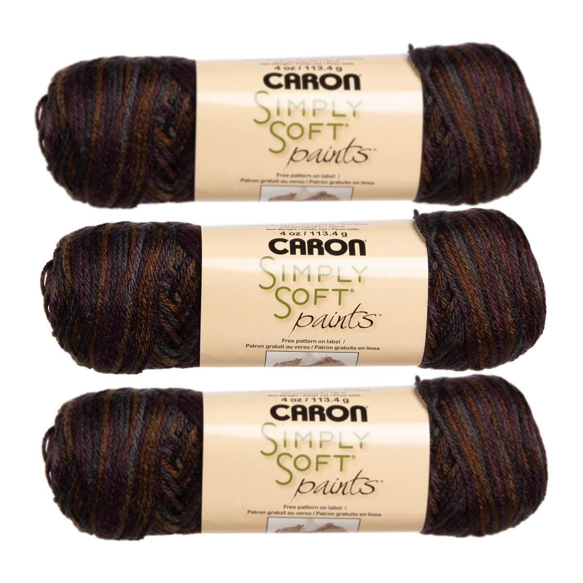 Caron (3 Pack Simply Soft Paints 100% Acrylic Soft Sticks and Stones Dark Brown Purple Gray Yarn for Knitting Crocheting Medium #4