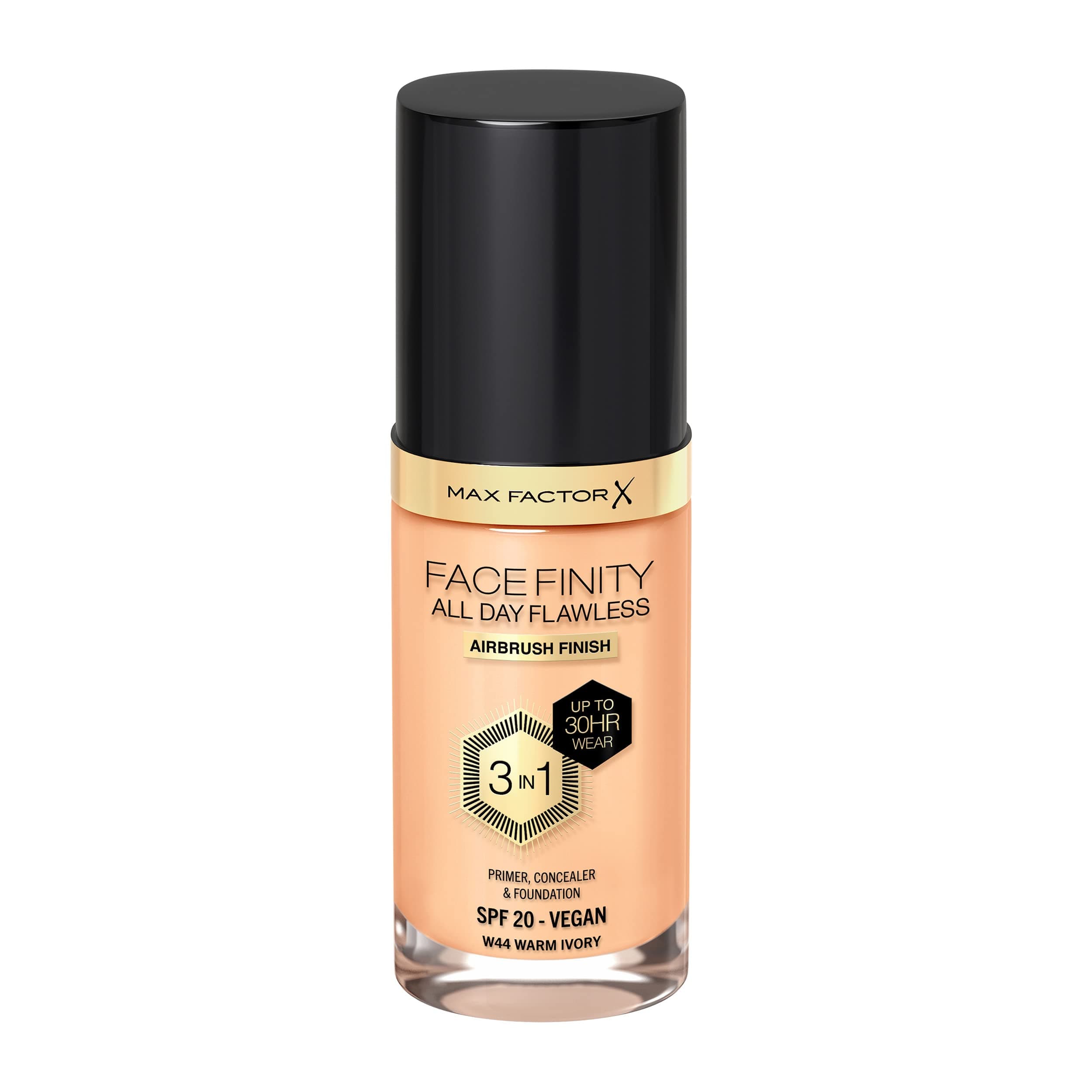 Facefinity 3-in-1 All Day Flawless Liquid Foundation, SPF 20 - 44 Warm Ivory, 30 ml