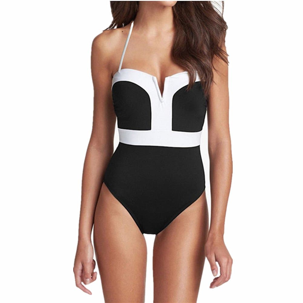 Women's One Piece Black White Strapless Front V Cut Monokini Swimsuits M (FBA)