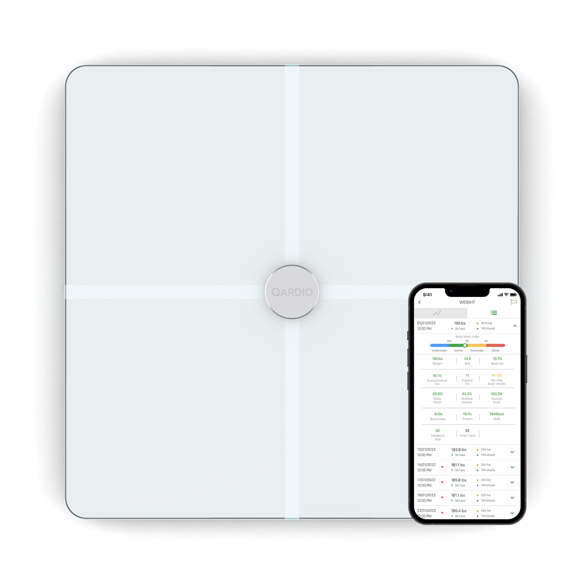 QardioBase X Smart WiFi Scale and Full Body Composition 12 Fitness Indicators Analyzer. App-Enabled for iOS, Android, iPad, Apple Health. Athlete, Pregnancy and Multi-User Modes.