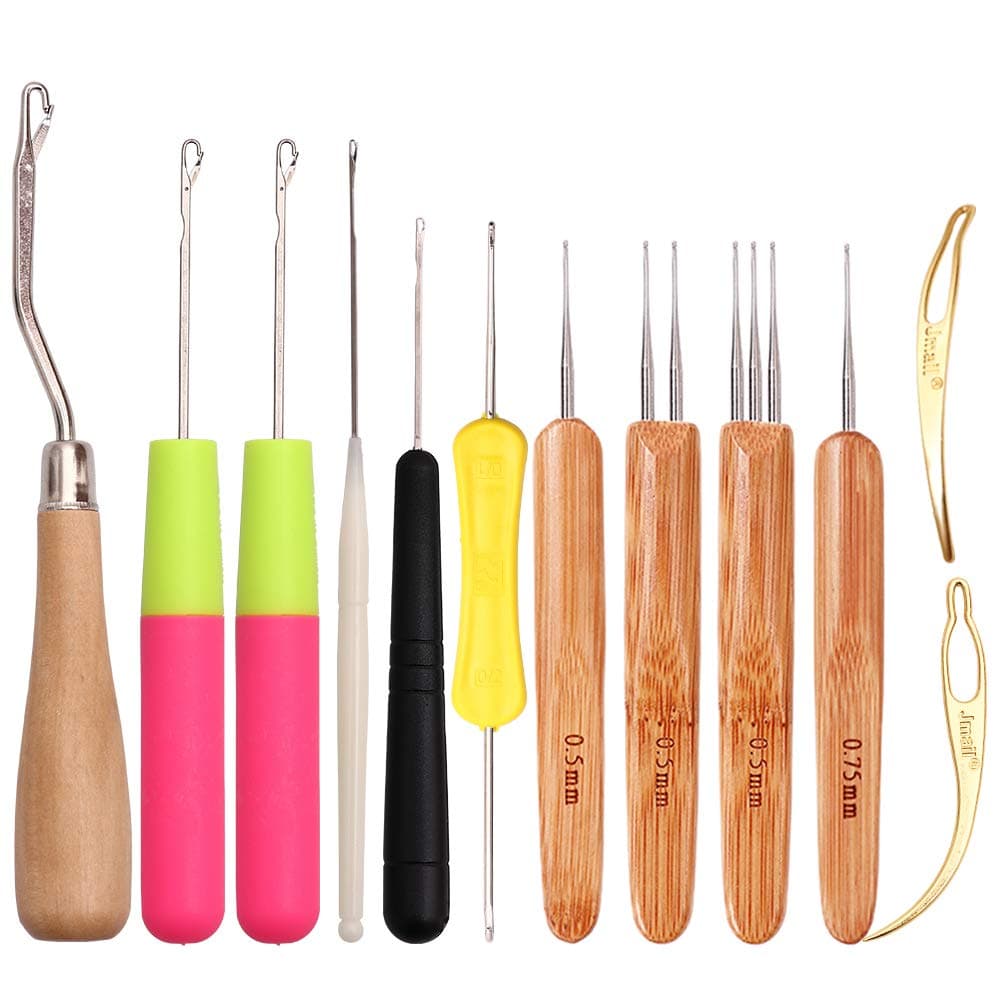 12pcs Dreadlocks Crochet Hook Set Crochet Braids Hair Locking Tool with Wooden Handle Loc Tools Weaving Needles Craft Bent Latch Hook Tool Crochet Needle Hooks for Hair Braids