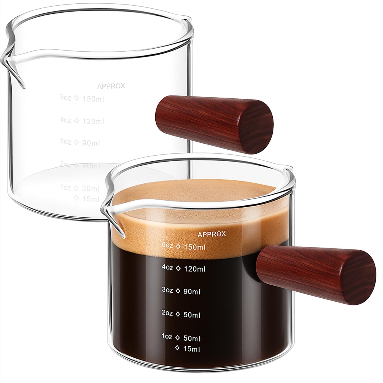 2 Pack Espresso Cups 5oz, Expresso Shots Cup, Double Spouts Cups, Shot Glasses with Wood Handle Measuring Triple Pitcher Milk Cup Clear Measuring Coffee Shot Glass for Barista Coffee Measure