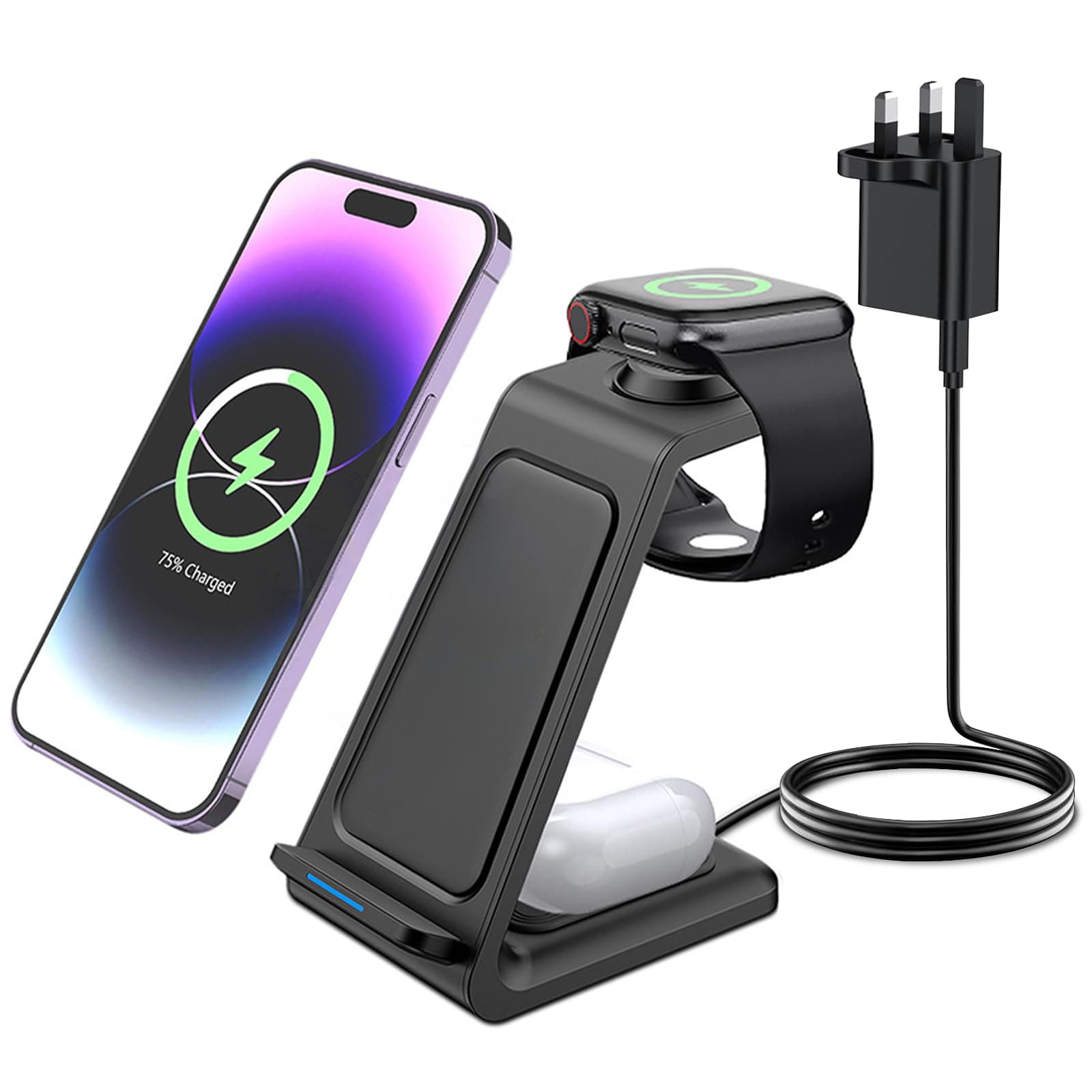 Wireless Charger, 3 in 1 Wireless Charging Station for iPhone 16 15 14 13 12 11Series, Phone and Watch Charger Stand for Apple Watch Ultra/10/9/8/7/6/5/4/3/2/SE, AirPods Pro/4/3/2