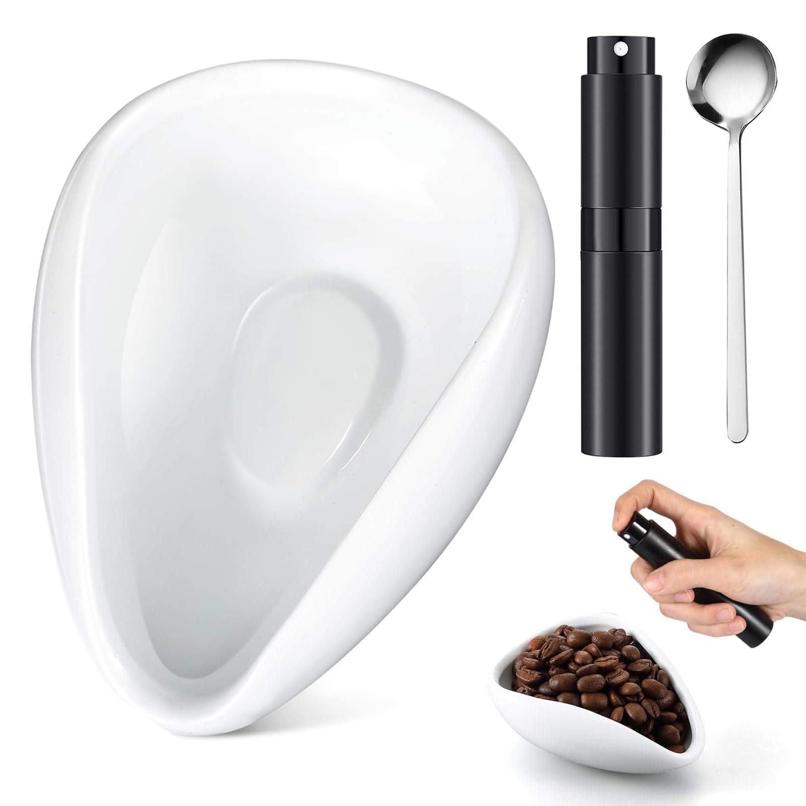 Coffee Bean Dosing Cup and RDT Spray Bottle and Spoon 3-Piece Set, Coffee Bar Accessories, Ceramic Dosing Vessel, Single Dose Measuring Tray Kit, Coffee Lover Gift