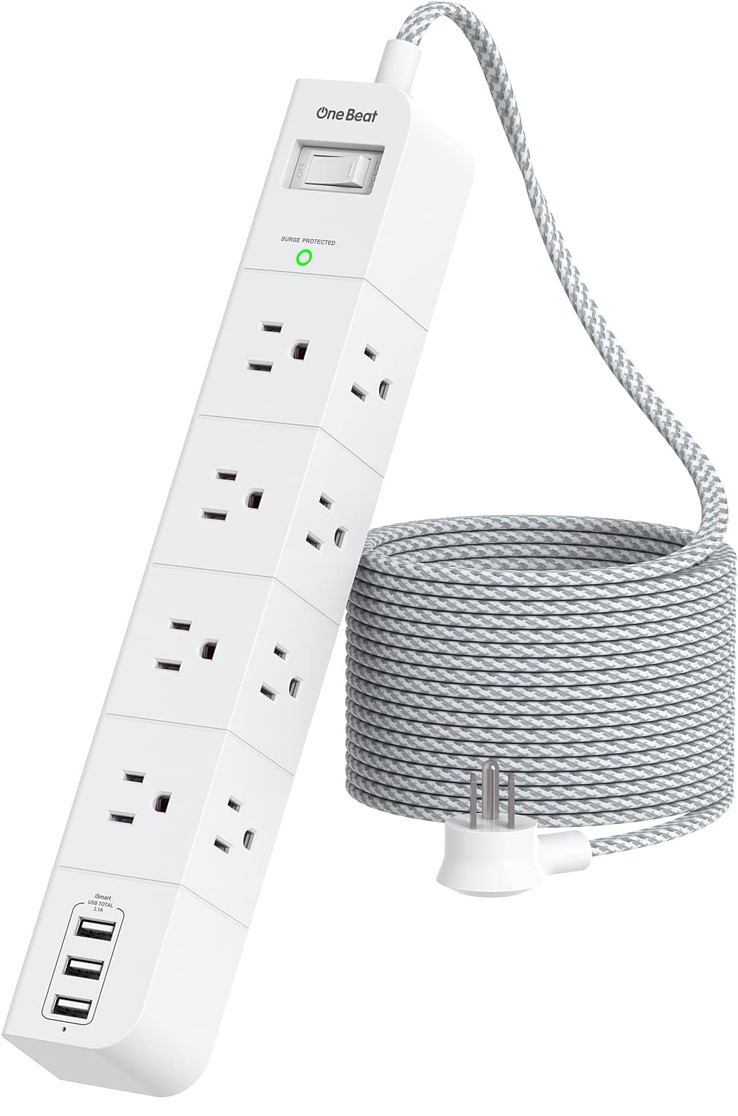 One Beat 10 ft Extension Cord,Power Strip Surge Protector 8 Widely AC Outlets 3 USB,Flat Plug,Desktop Charging Station with Overload Protection,Wall Mount for Home,Office,Travel,Computer ETL Listed