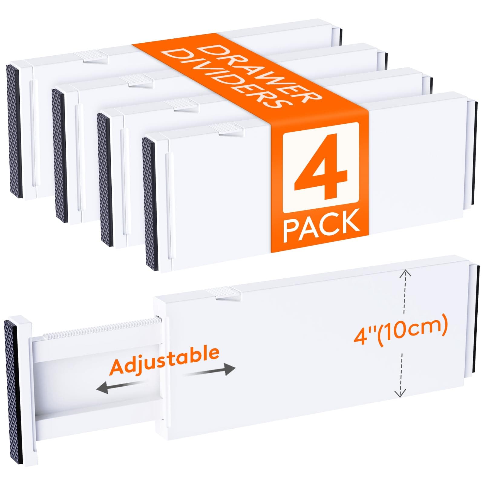4 Pack 4" High Drawer Dividers 28 -43.5cm/11-17" Adjustable Kitchen Drawer Organiser, Expandable Drawer Dividers Separator for Clothes in Bedroom/Bathroom/Office Organisation & Storage White