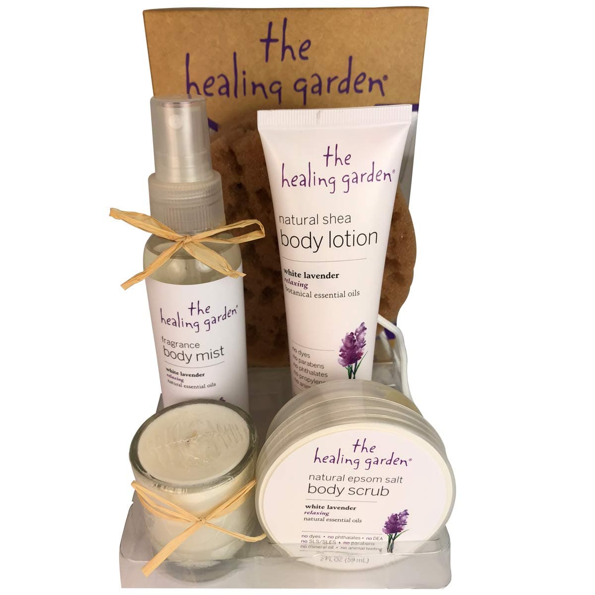 The Healing Garden White Lavender 5 Pc. Gift Set (Body Mist 4 Oz + Body Lotion 3 Oz. + Bath Sponge + Natural Soy Candle+ Epsom Salt Scrub 2 Oz.) for Women