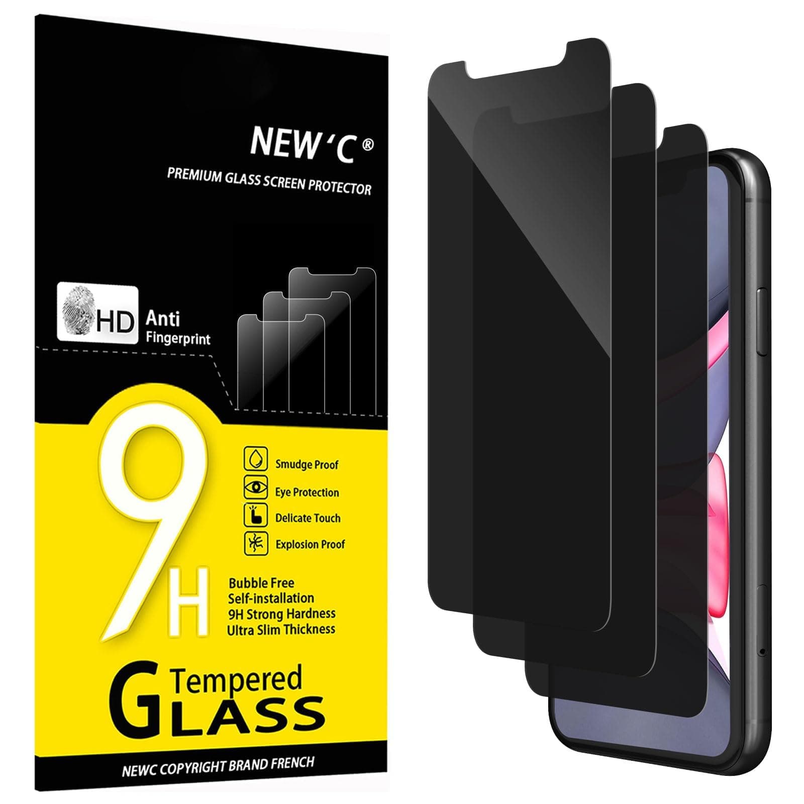 NEW'C 3 Pack Privacy for iPhone 11, iPhone XR Screen Protector, Enhanced 28-Degree Privacy Angle, Ultra Durable 9H Hardness, Bubble-Free