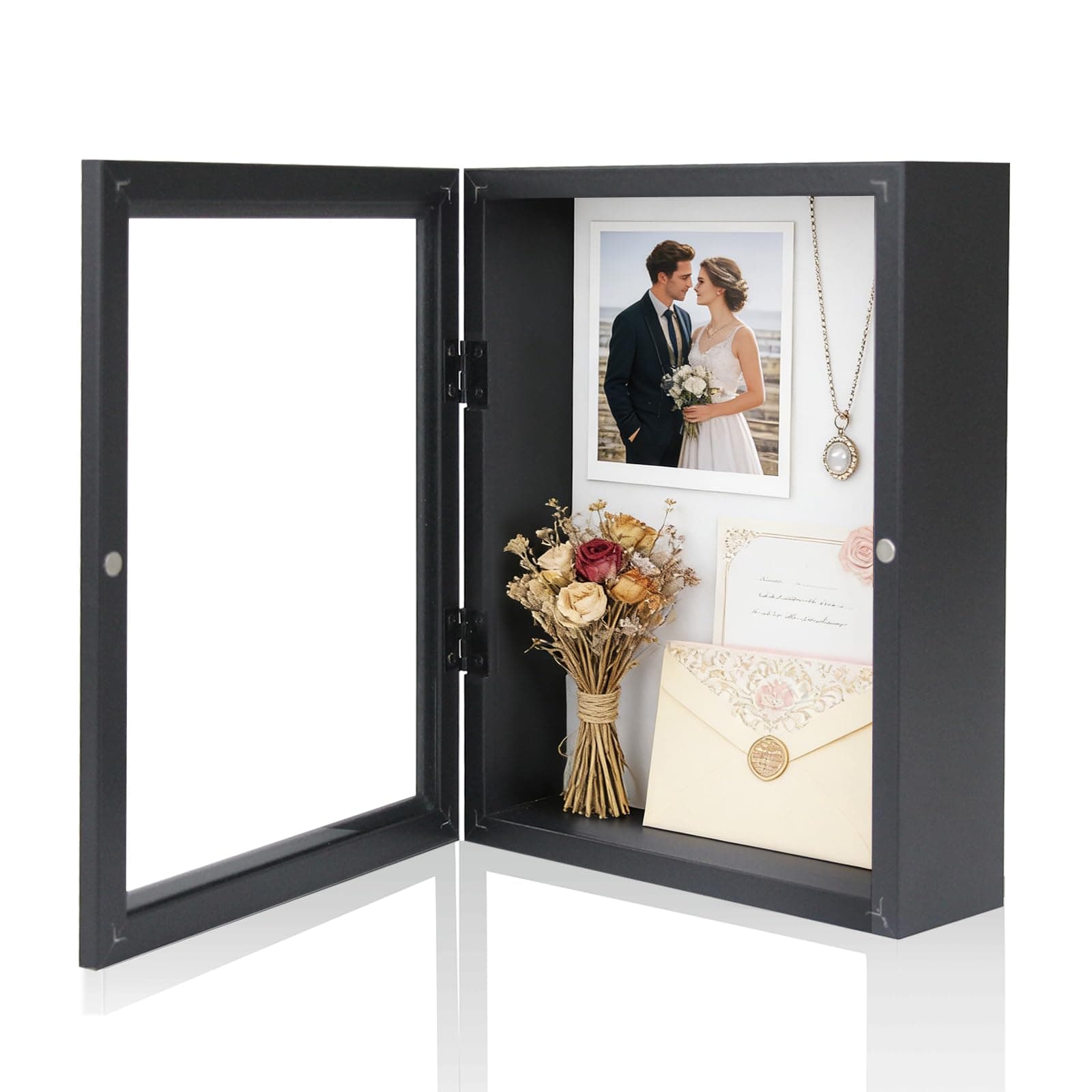 Muzilife 8x10 Shadow Box Picture Frame - 2.16" Interior Deep Wood & Glass Display Case Ready to Hang Memory Box Baby Sports Memorabilia, Wedding, Tickets, and Photos, Black