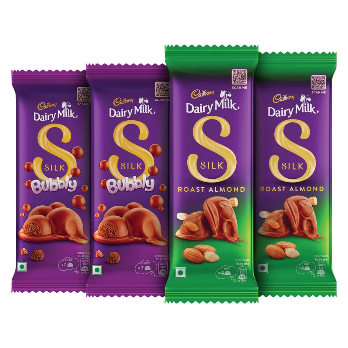 Cadbury Dairy Milk Silk Chocolate Bar Small Combo (2 x Bubbly 50 g, 2 x Roast Almond 58 g)