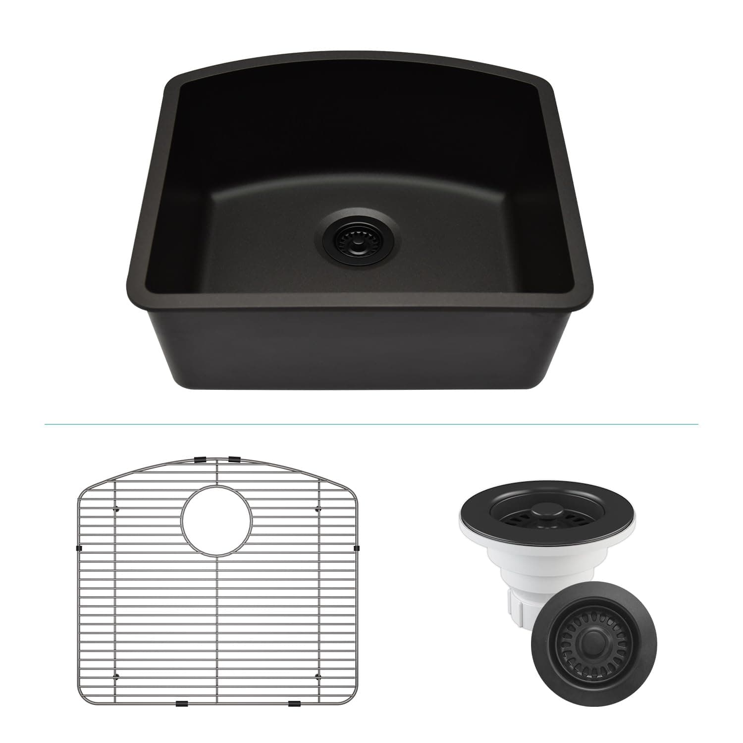 23" x 21" Quartz Kitchen Sink,D-Shaped, Single Bowl Kitchen Sinks, Drop-in, Undermount Sink, Granite Composite Kitchen Sink, Galaxy black kitchen sinks, with Grid, Strainer, LP-2321D-K