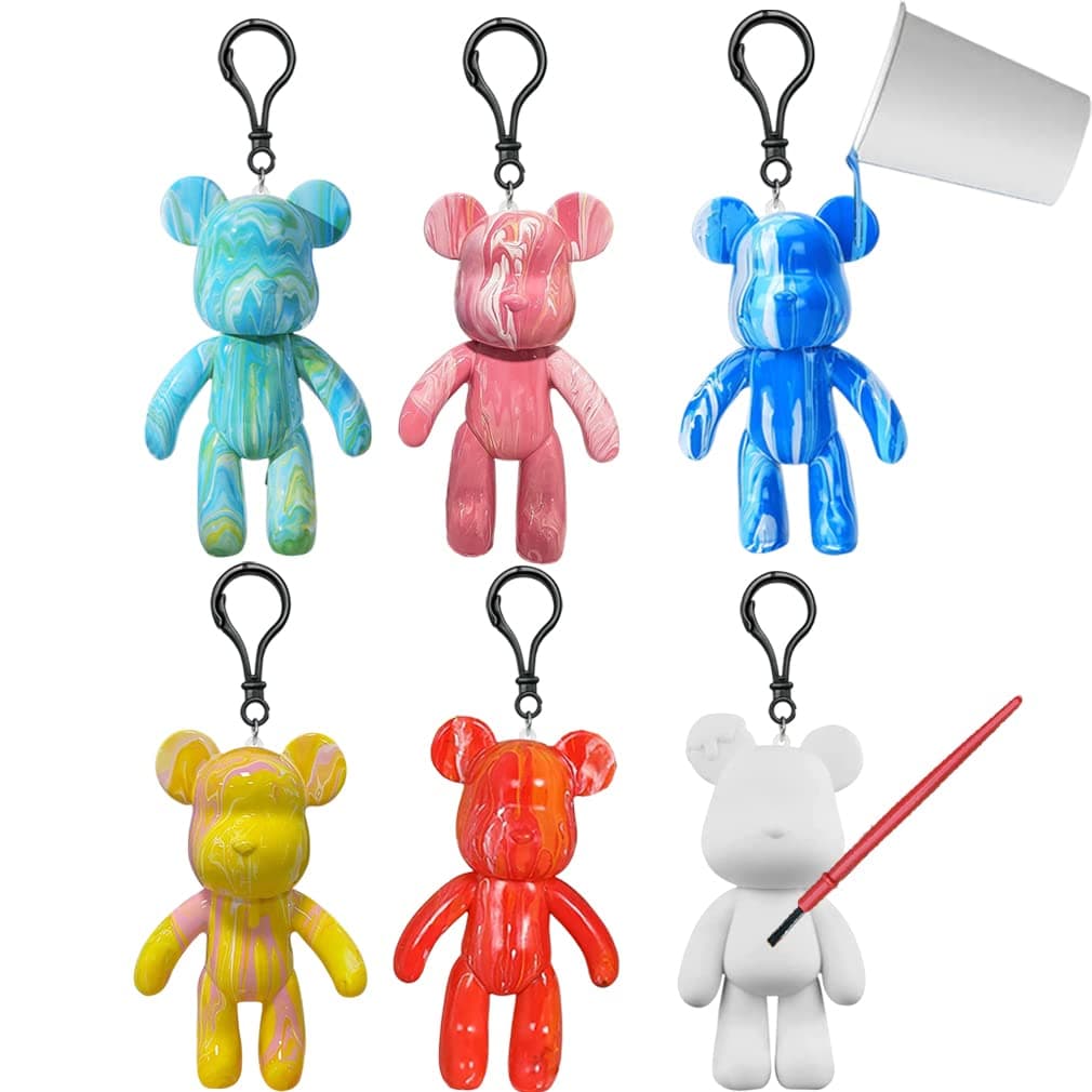 Goodern Compatible for 6 Pack DIY Fluid Bear Keychain,DIY Fluid Art Bear Key Chain DIY Cute Bear Models for Drawing Painting Graffiti DIY Painting Fluid Bear DIY White Bear Figure Doll Model Gift