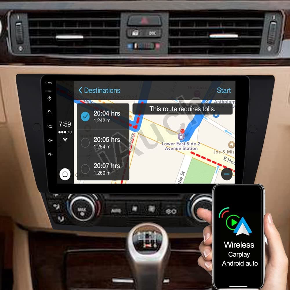 iAuch 9 Inch Car Stereo with Sat Nav 2+32GB Android in-dash Video Bluetooth Car Radio for BMW 3 Series E90 2005-2011 Built in DSP Wireless Carplay Android Auto SWC WiFi USB