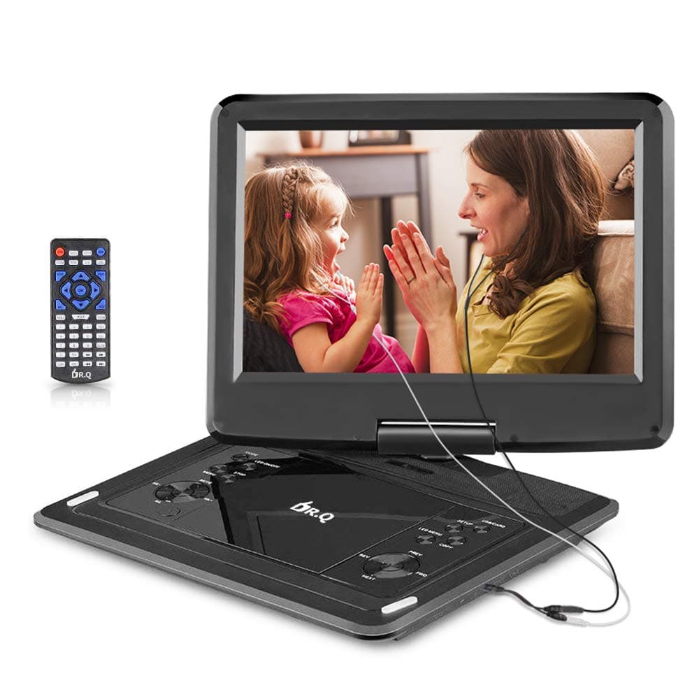 DR.Q 12.1 Inch Portable DVD Player with 6000mAh Rechargeable Battery, 270 Degree HD Swivel Screen, 5.9ft Car Adapter, SD Card Slot, USB Port and Multiple Disc Formats Supported, 2x Earbuds Included