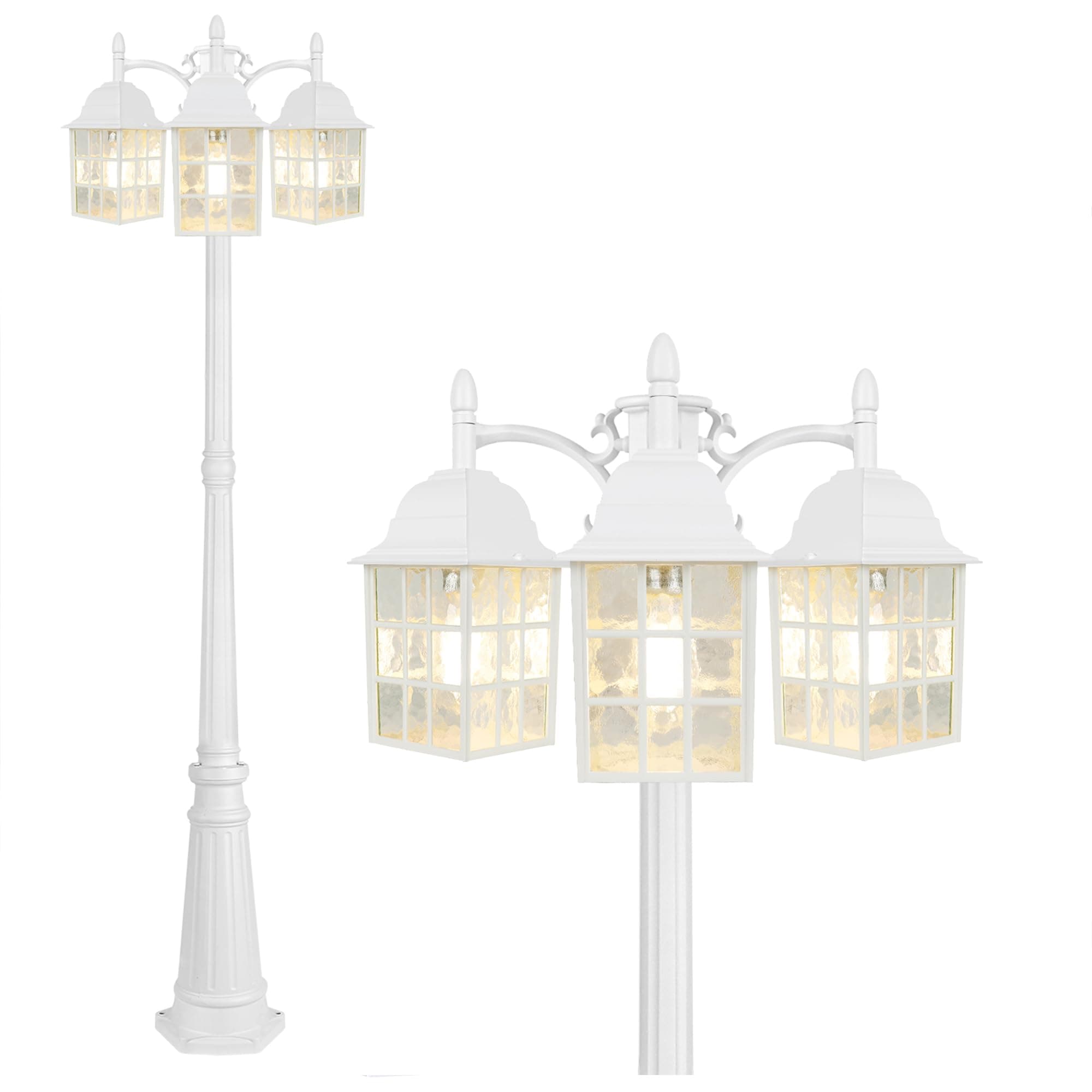 3-Head Lamp Post Outdoor Lighting, Dusk to Dawn Sensor Post Lights for House, Street Light with Water Ripple Glass Shade, E26 Base White Light Fixtures, Lantern Lamp for Driveway, Backyard, Garden