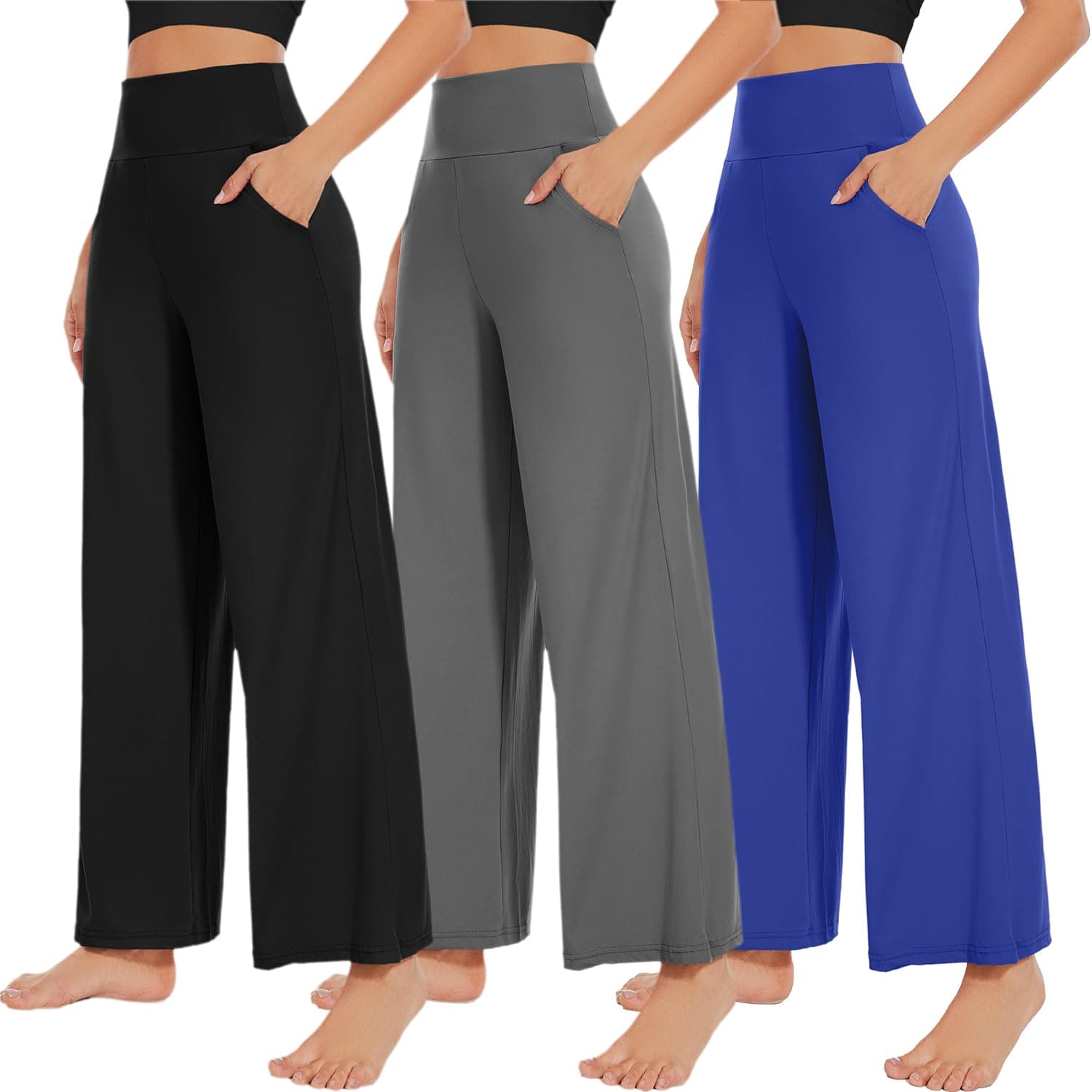 NEW YOUNG 3 Pack Women's Wide Leg Pants with Pockets High Waist Loose Sweatpants Casual Lounge Yoga Workout Palazzo