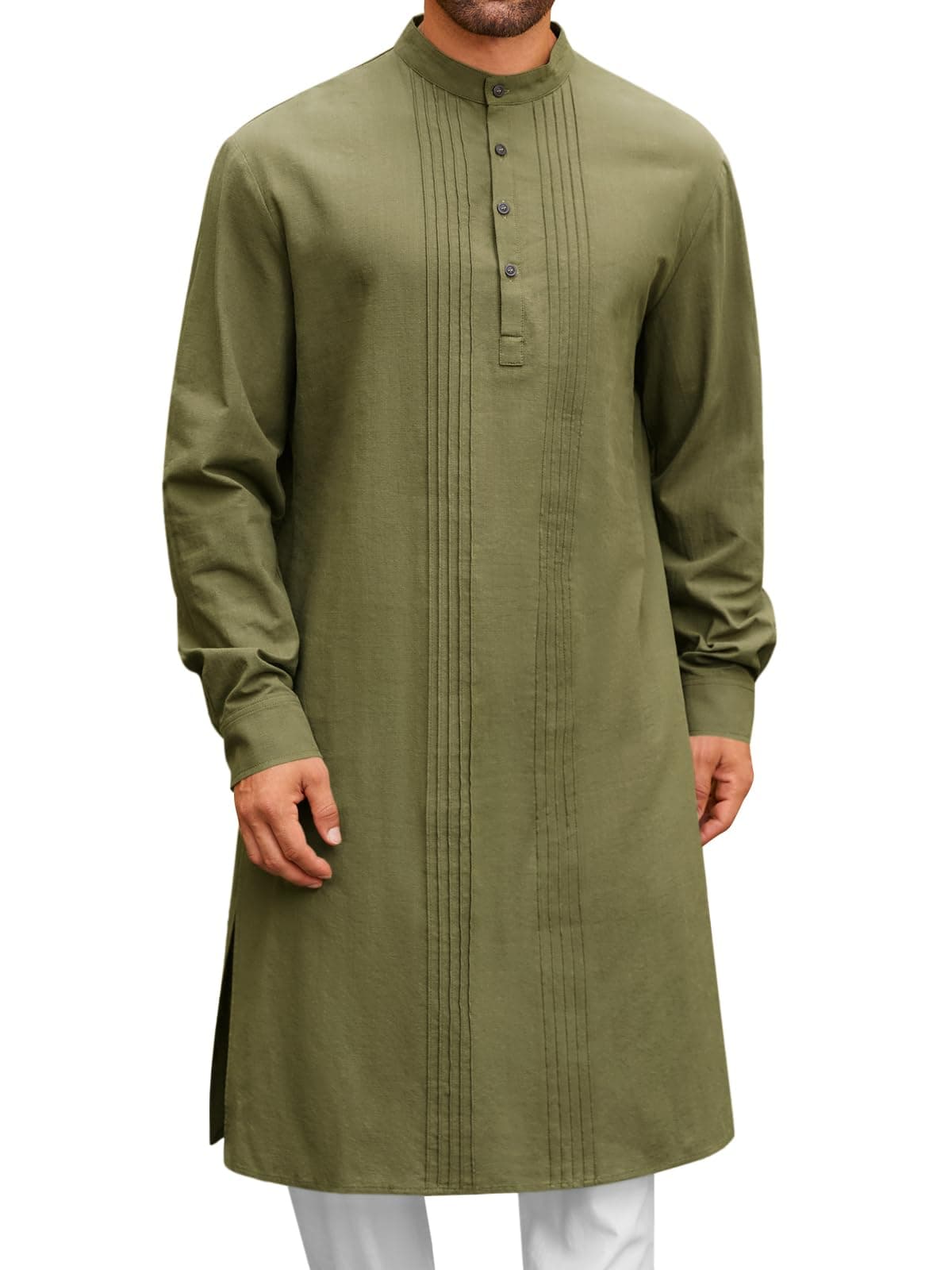 Mens Kaftan Robe Button Down Long Sleeve Cotton Linen Thobe Casual Muslim Gown Henley Shirt