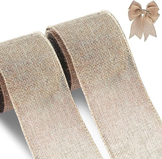 Urooz Burlap Wired Edge Ribbon for Gift Wrapping, Trees Decorations, Big Bow, Wreath, Crafts Making, 2 Rolls, 2.5 Inch x 6 Meter