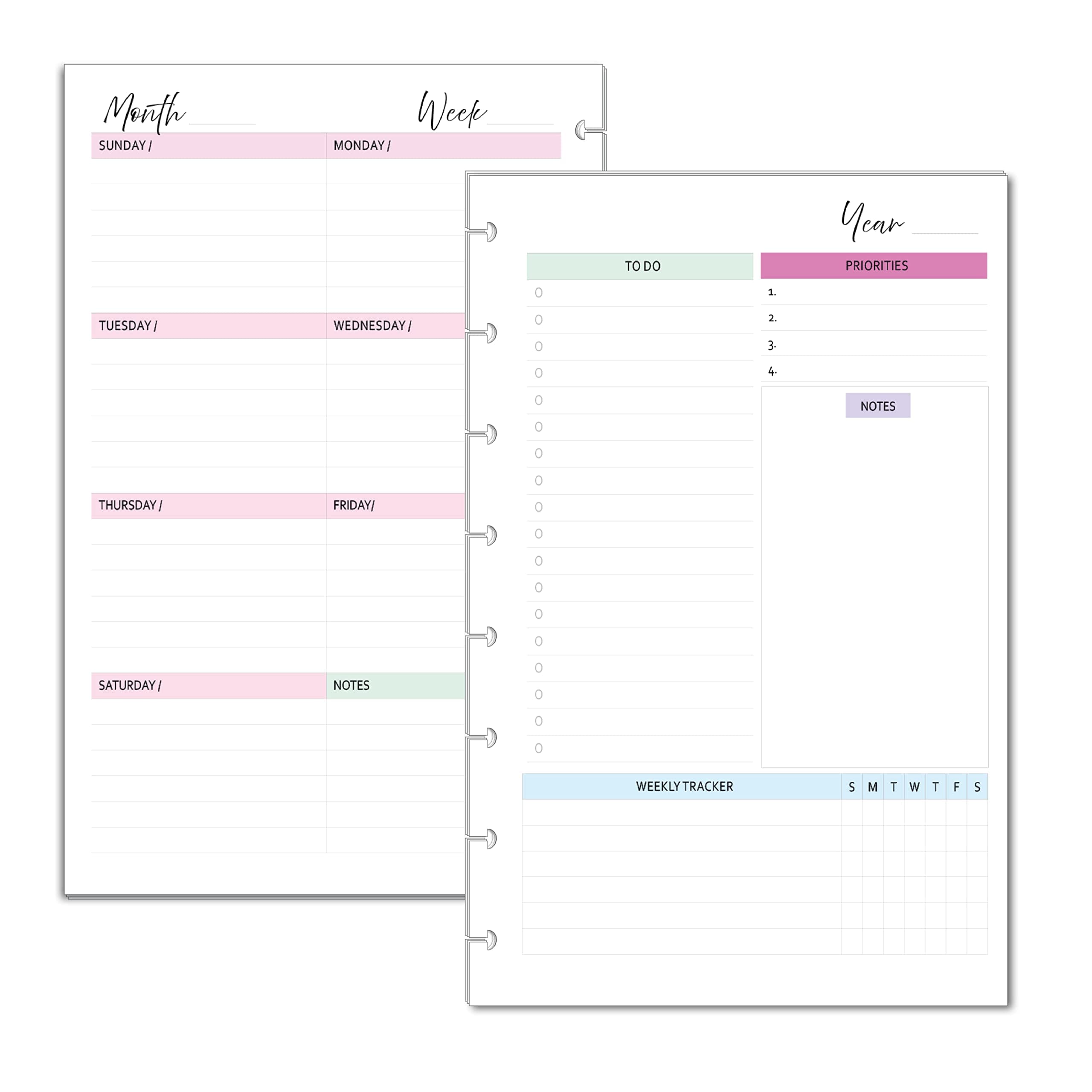 Undated Weekly Planner Inserts, Fits 8-Disc Junior/Half Letter Size Discbound Planers Calendar Refills Weekly Calendar Inserts, Undated Weekly Planner (8 Disc Half Letter)