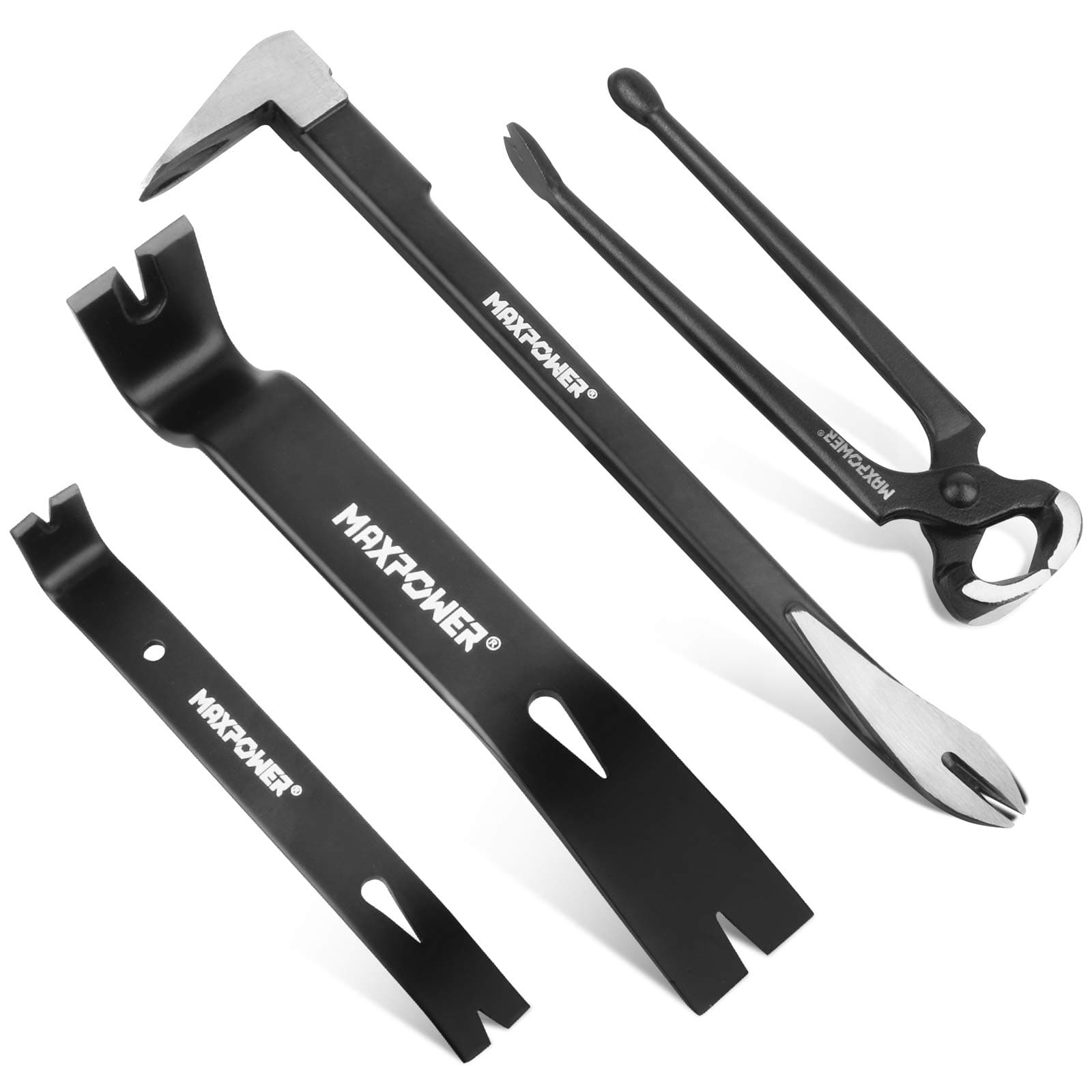 4-Pieces Pry Bar Set, 12-inch Utility Claw Pry Bar, 8-inch Nail Puller, 10-inch and 7-inch Flat Pry Bar Crowbar Claw
