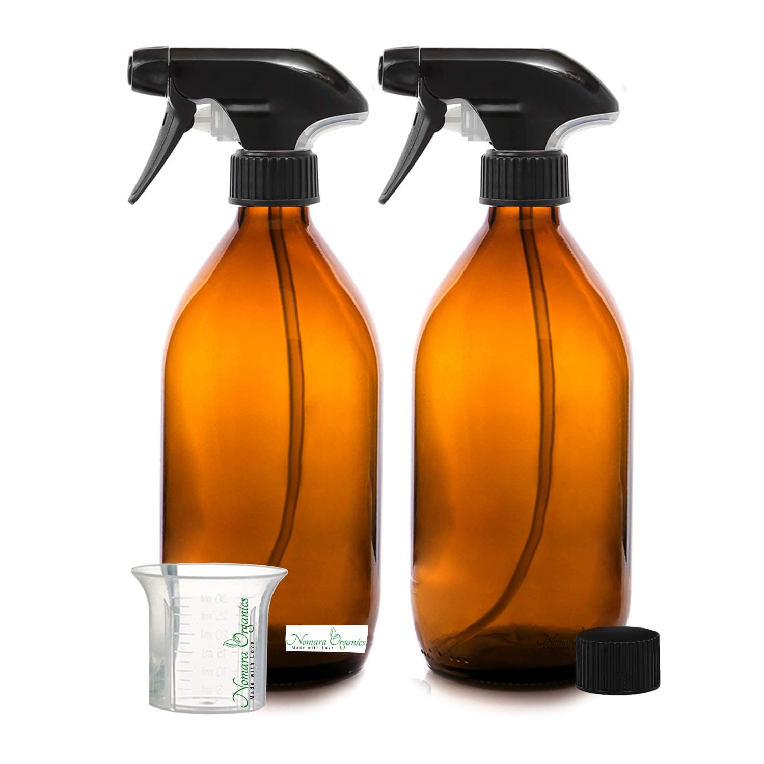 Nomara Organics Amber Glass Spray Bottles, 500mL 2 Pack- Empty, Refillable, Reusable, BPA-free, Pump Containers for Beauty, Organic, Kitchen and Bathroom Cleaning Products