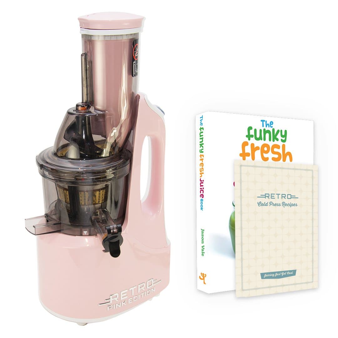 Retro Cold Press Pink 240 Watt Juicer with Easy to Clean Parts and No Chopping Needed!