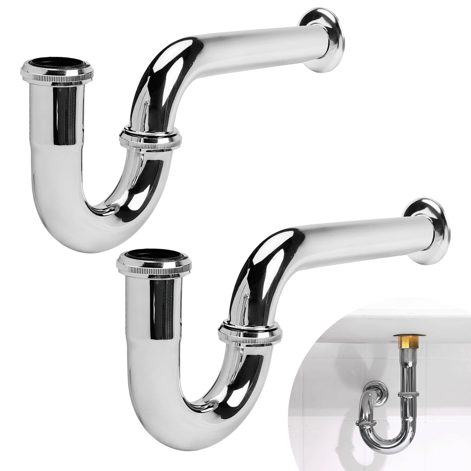 Stainless 2 Pack Steel P-Trap - 1 1/4 Inch Bathroom Basin Sink Waste Trap with Reducing Washer, Chrome Finish, Silver