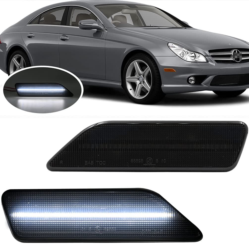 NJSBYL LED Side Marker Light Kits for 2006-2011 Mercedez W219 C219 CLS550 CLS500 CLS55 CLS63 AMG Benz CLS-Class White LED Smoked Lens Driver Passenger Side Turn Signal Lamp Lights
