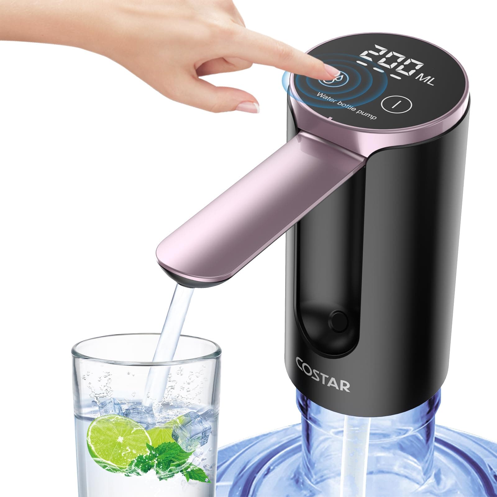 COSTAR Automatic Water Dispenser Kingfisher 5 Pro for 20 Litre Bottle, Portable Wireless Water Pump with Led Digital Display, Smart Touch,Rechargeable Battery&Foldable Water Bottle Pump 1200Mah(Pink)