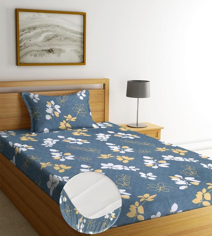 NEW LEAF Pure Cotton Elastic Fitted Bedsheets with 1 King Size Pillow Covers | Single Mattress Bed with All Around Elastic 210tc Supersoft | Size - 72 x 36 +6 inches | Floral, Blue White & Yellow