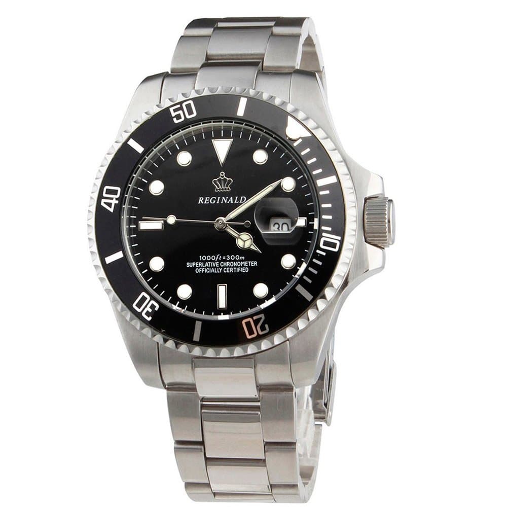 Reginald Green Dial Rotatable Bezel Luminous Hand Quartz Mens Silver Stainless Steel Watches (Black)